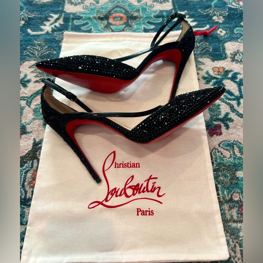 Christian Louboutin Black Swarvoski Crystal Fliketta 85mm Pointed Toe Heels 36.5